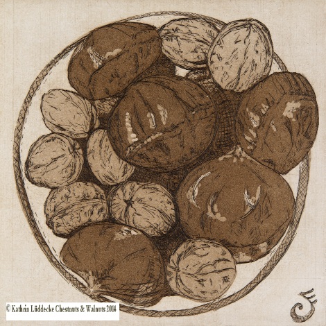 Chestnuts and walnuts - etching with aquatint, Kathrin Luddecke